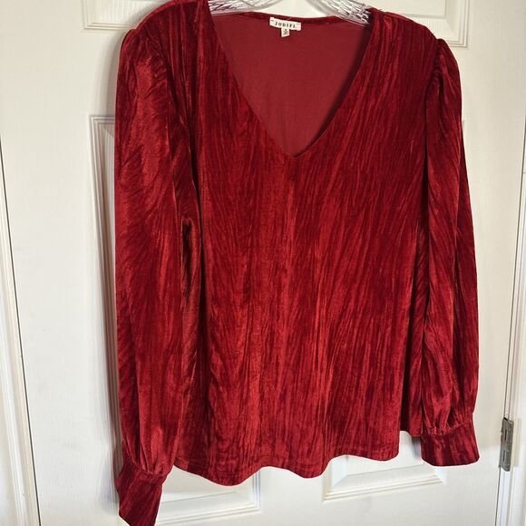 Jodifl Red Crushed Velvet‎ Vneck Puff Sleeve Shirt Sz Medium - Picture 7 of 7